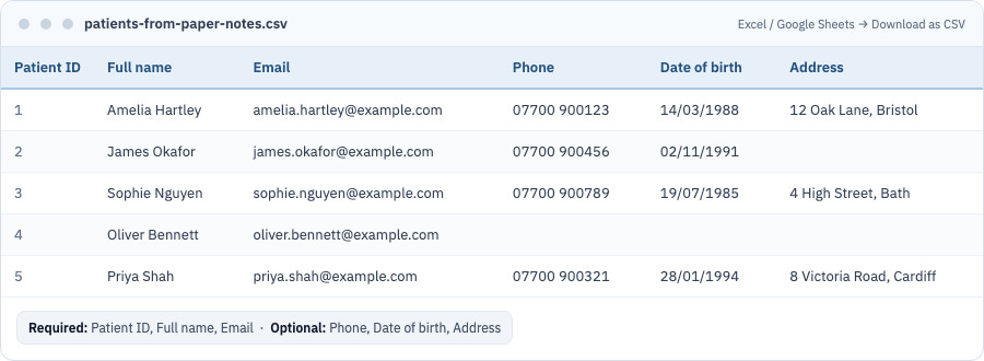 Example patients CSV with Patient ID, Full name, Email, Phone, Date of birth, and Address