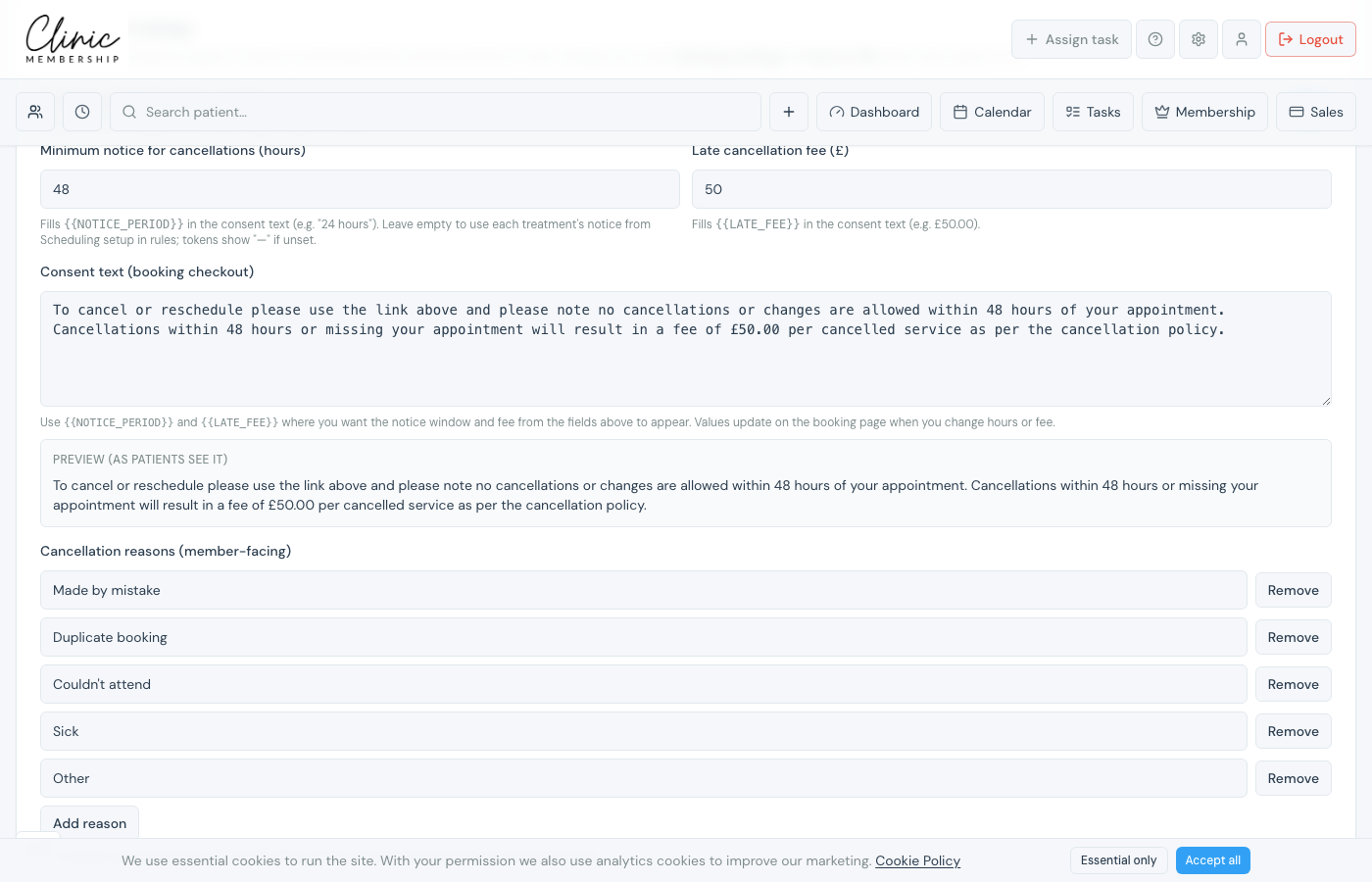 Cancellation settings with policy consent toggle