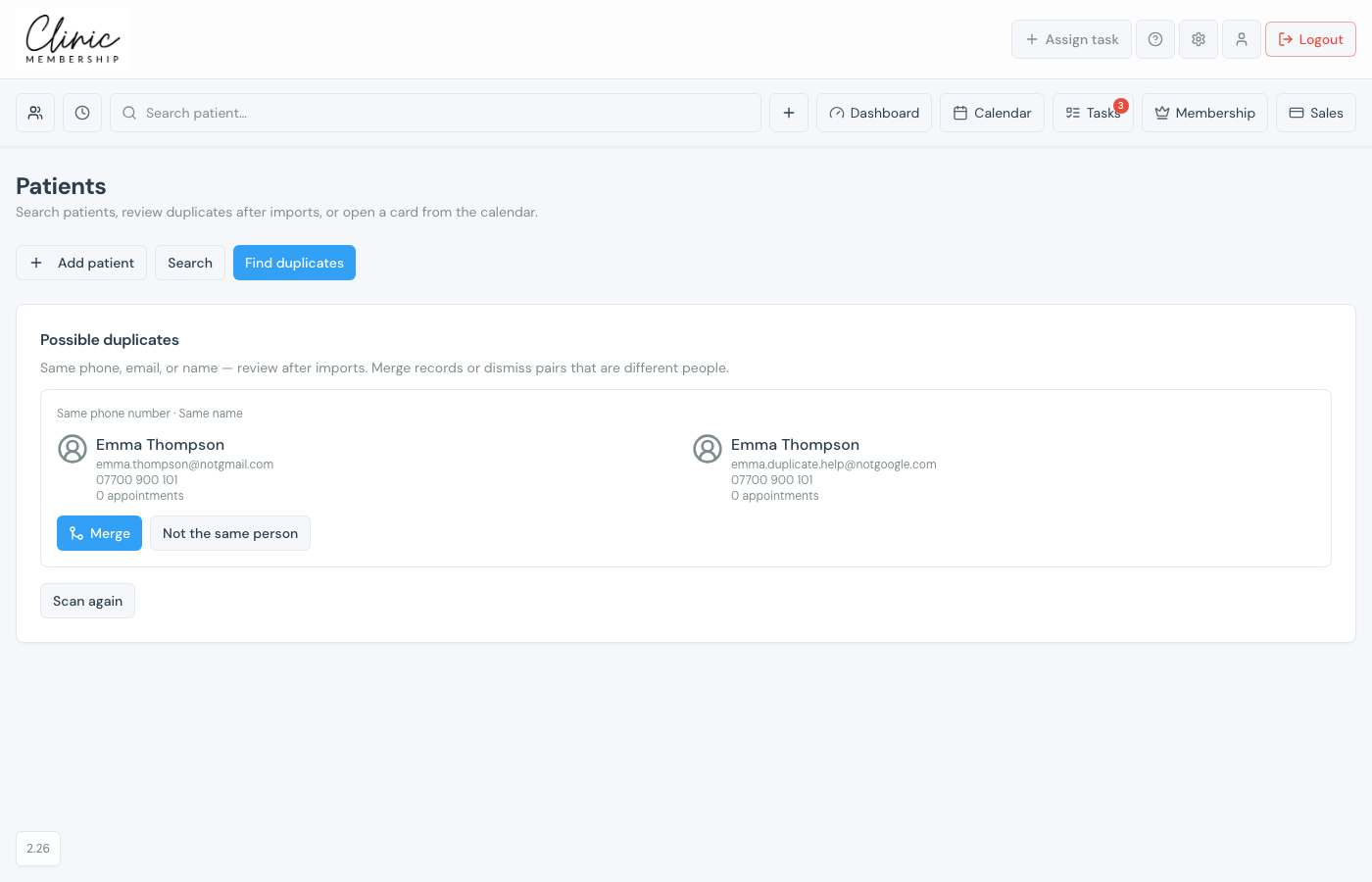 Patients Find duplicates with a matched pair and Merge button