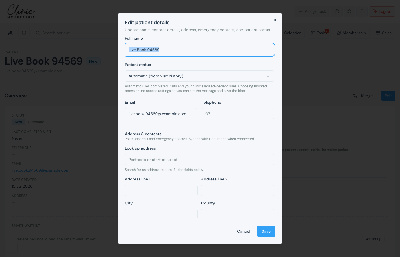 Edit patient details with Patient status set to Automatic