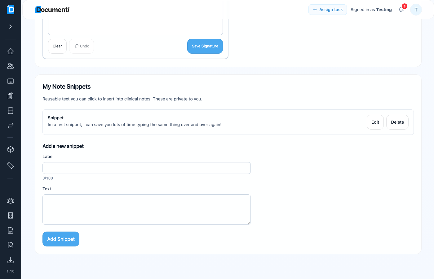 My Note Snippets with Add a new snippet Label and Text fields