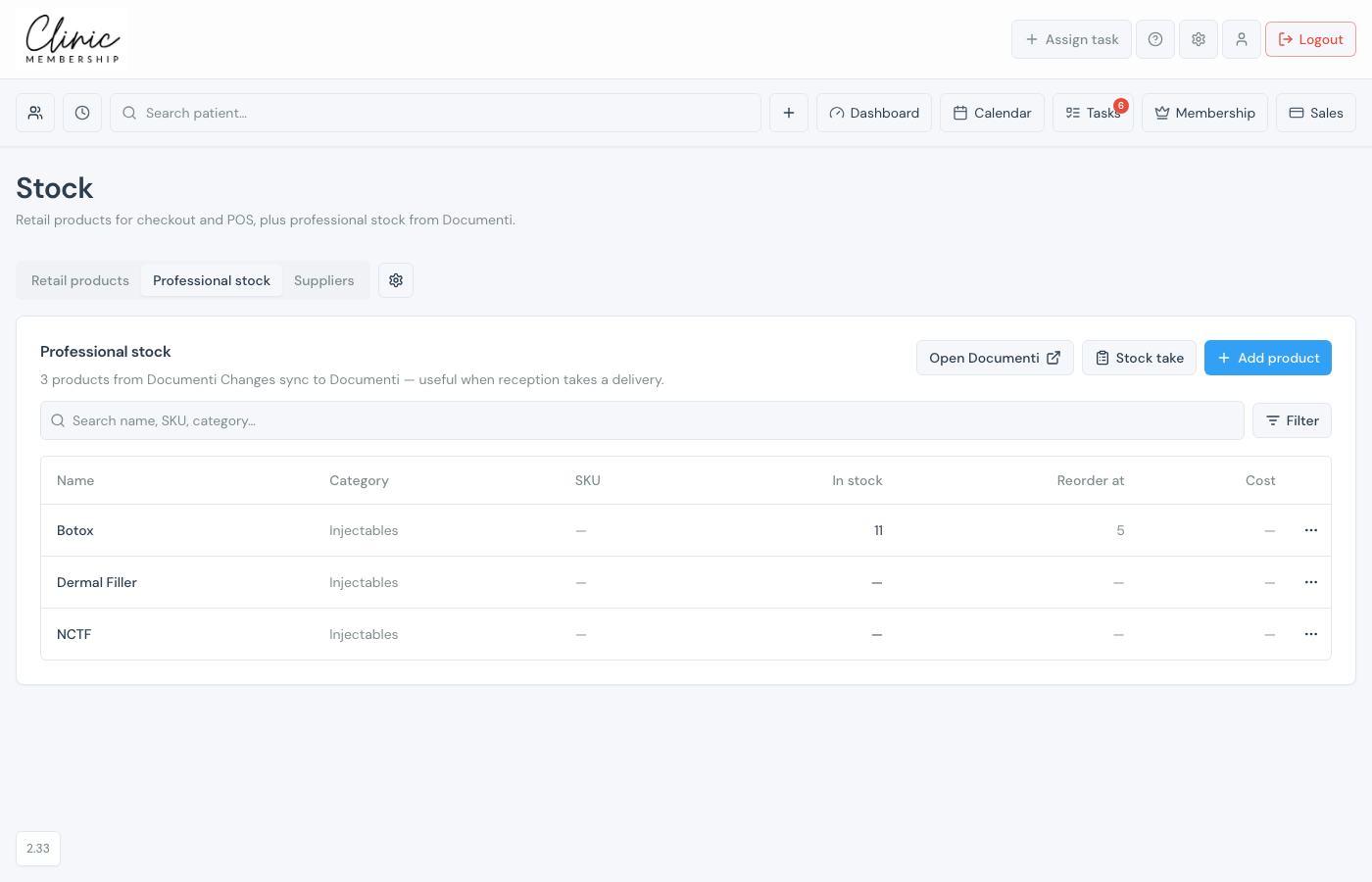Professional stock tab listing Documenti products with stock take and Add product