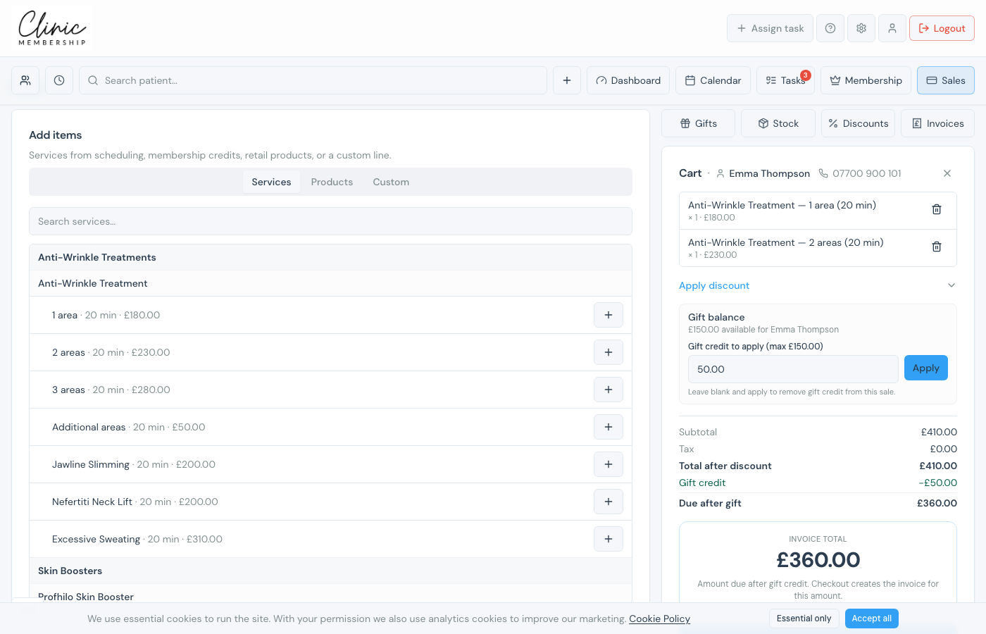Sales checkout with gift balance applied to a patient's cart