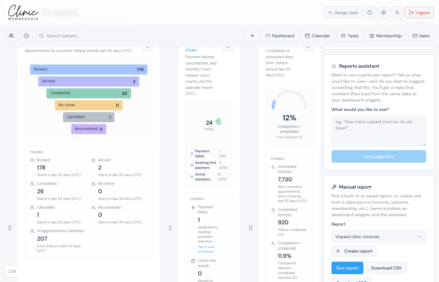 Dashboard and reports page with KPI widgets