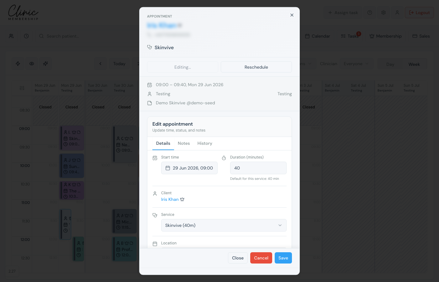 Edit appointment panel with start time and duration fields