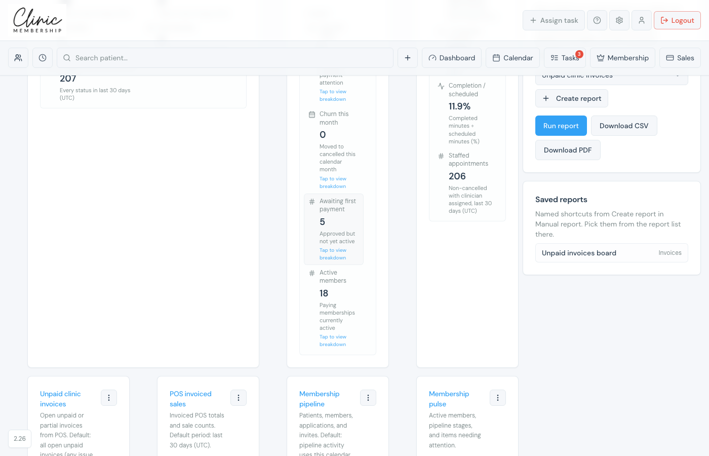 Saved reports card listing Unpaid invoices board shortcut