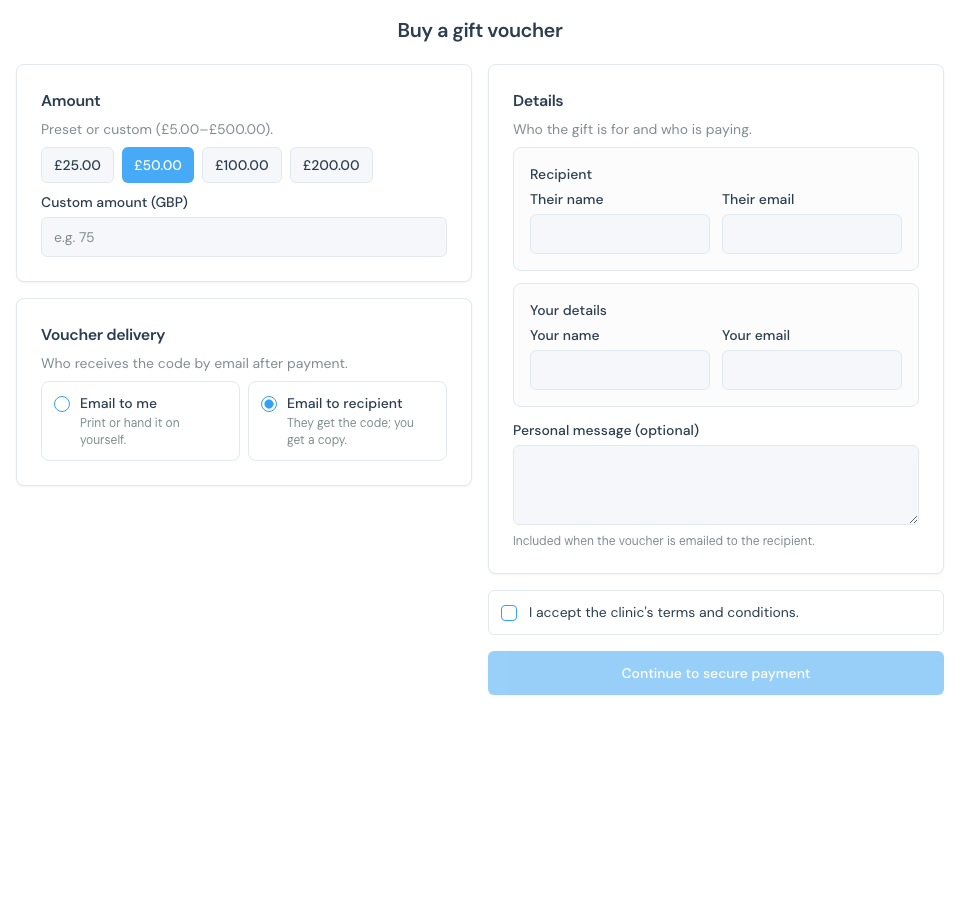 Public gift voucher purchase page with amount presets and recipient details