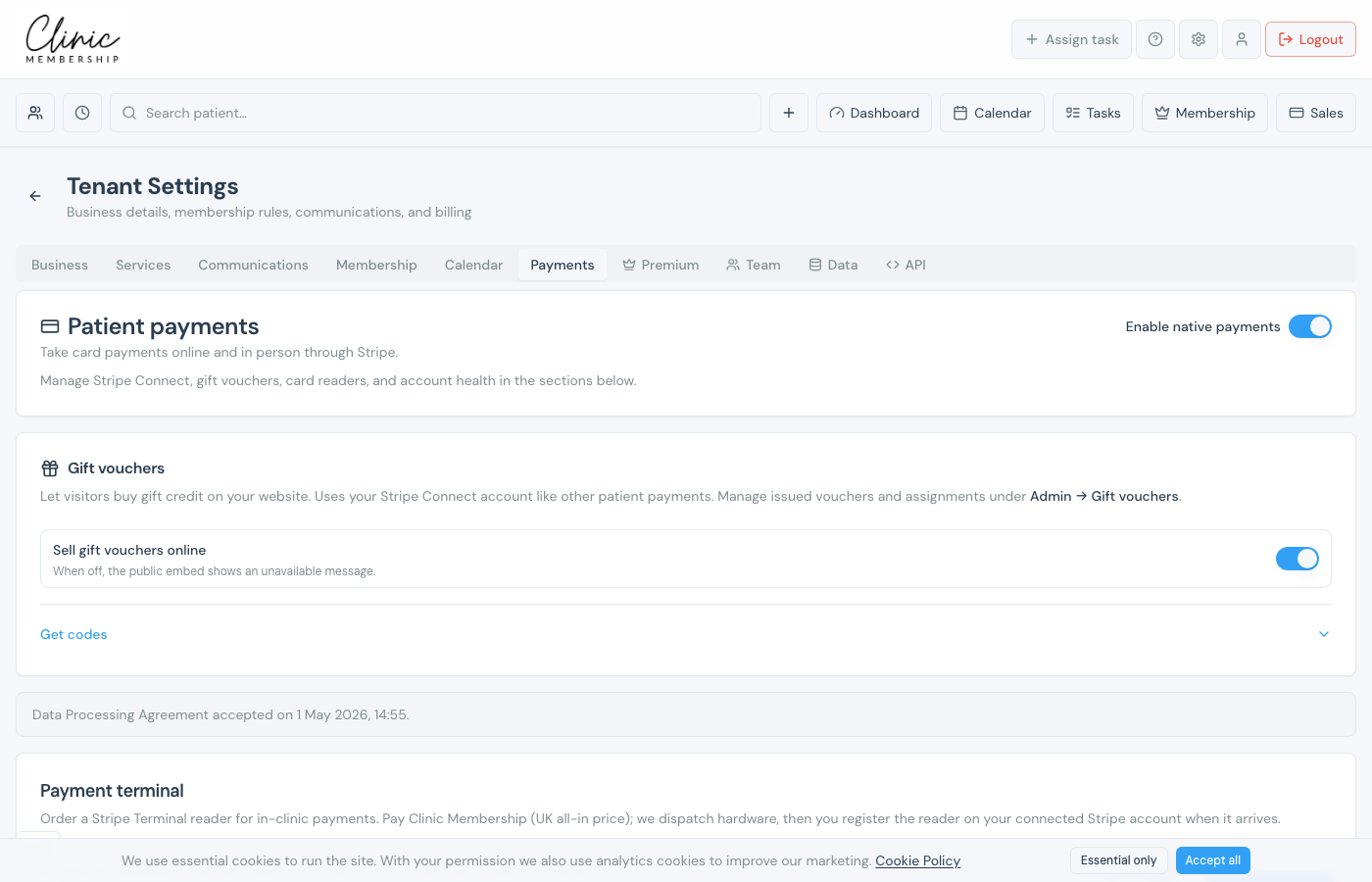 Gift vouchers settings with sell online toggle