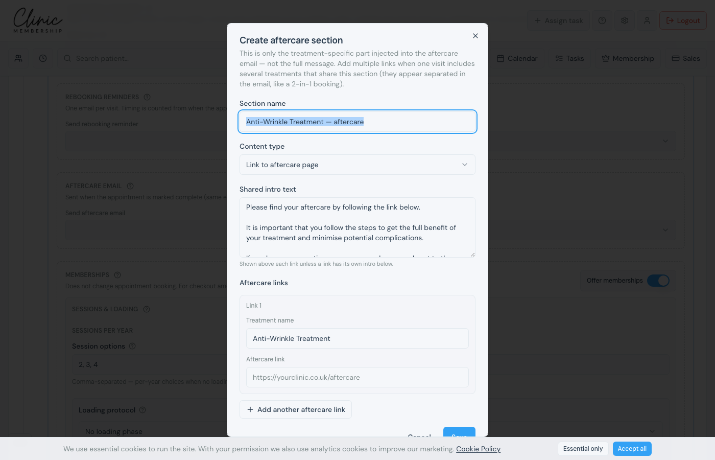 Create aftercare section dialog with content type options