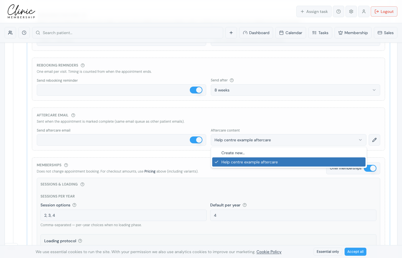 Service form with the Aftercare email section visible