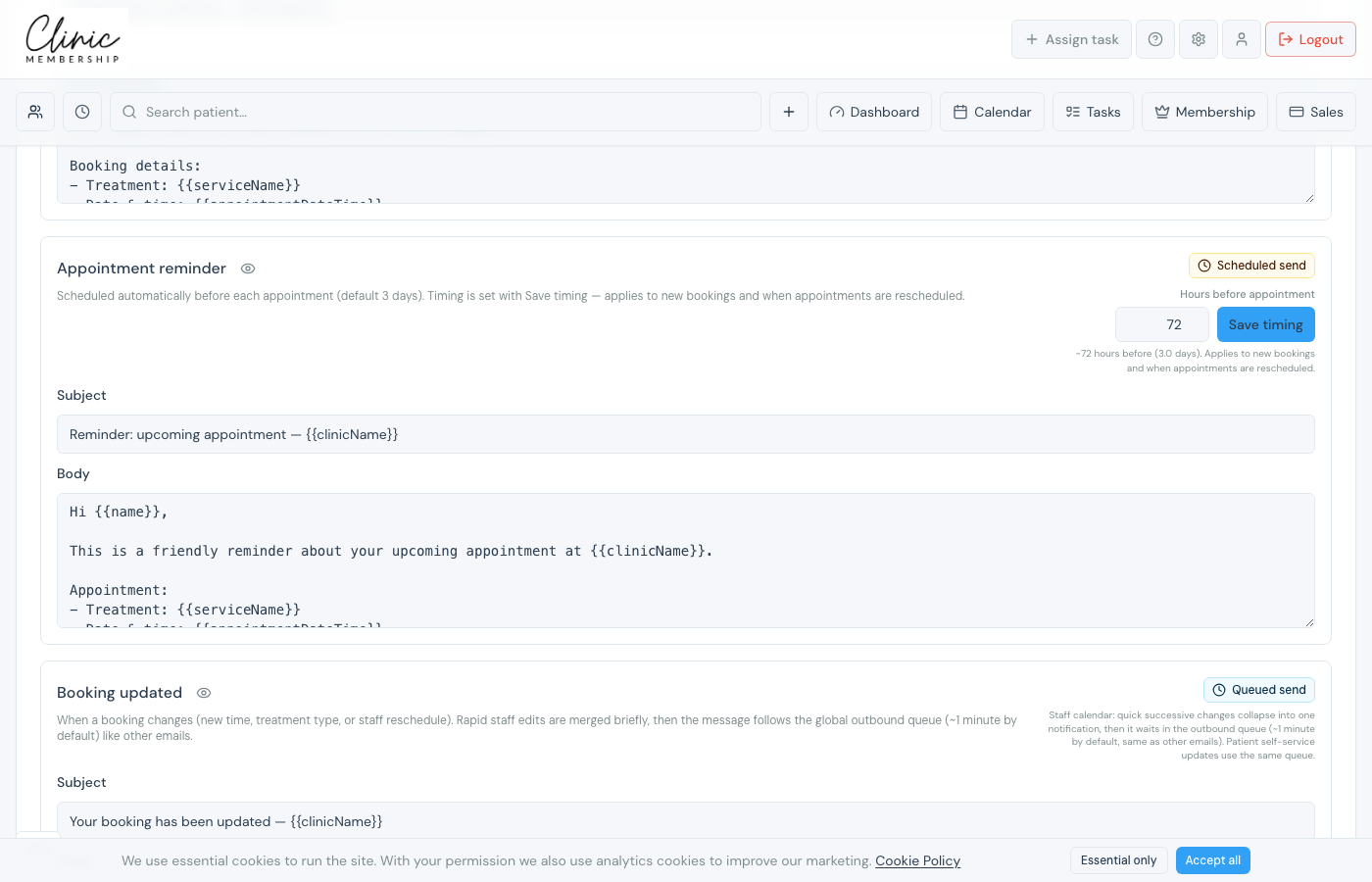 Appointment reminder email template in communications settings