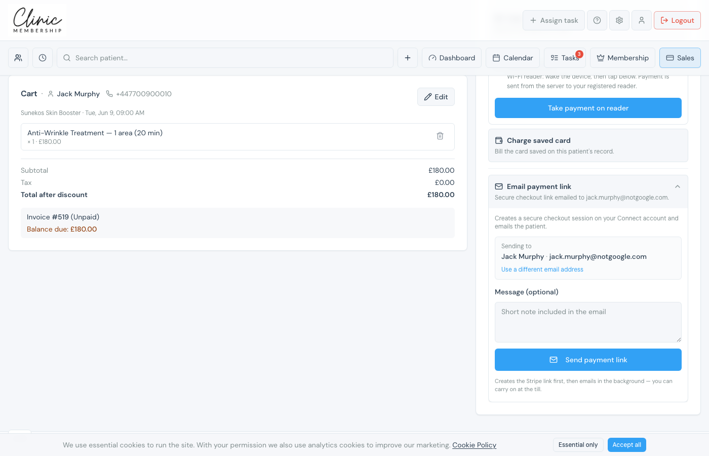 Unpaid invoice checkout with Email payment link expanded and Send payment link button