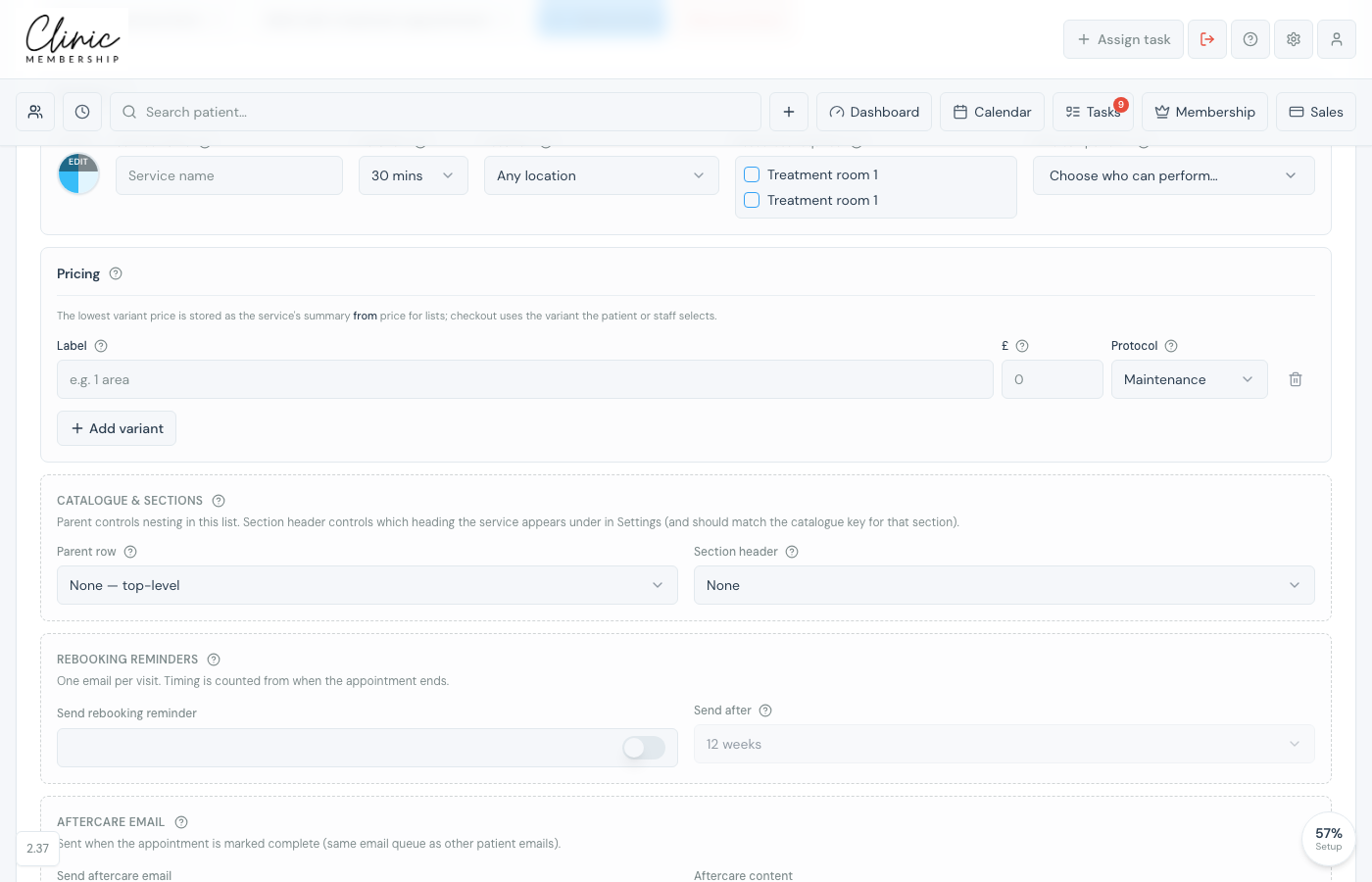 Settings Services tab with the add service form open, showing Booking and Pricing