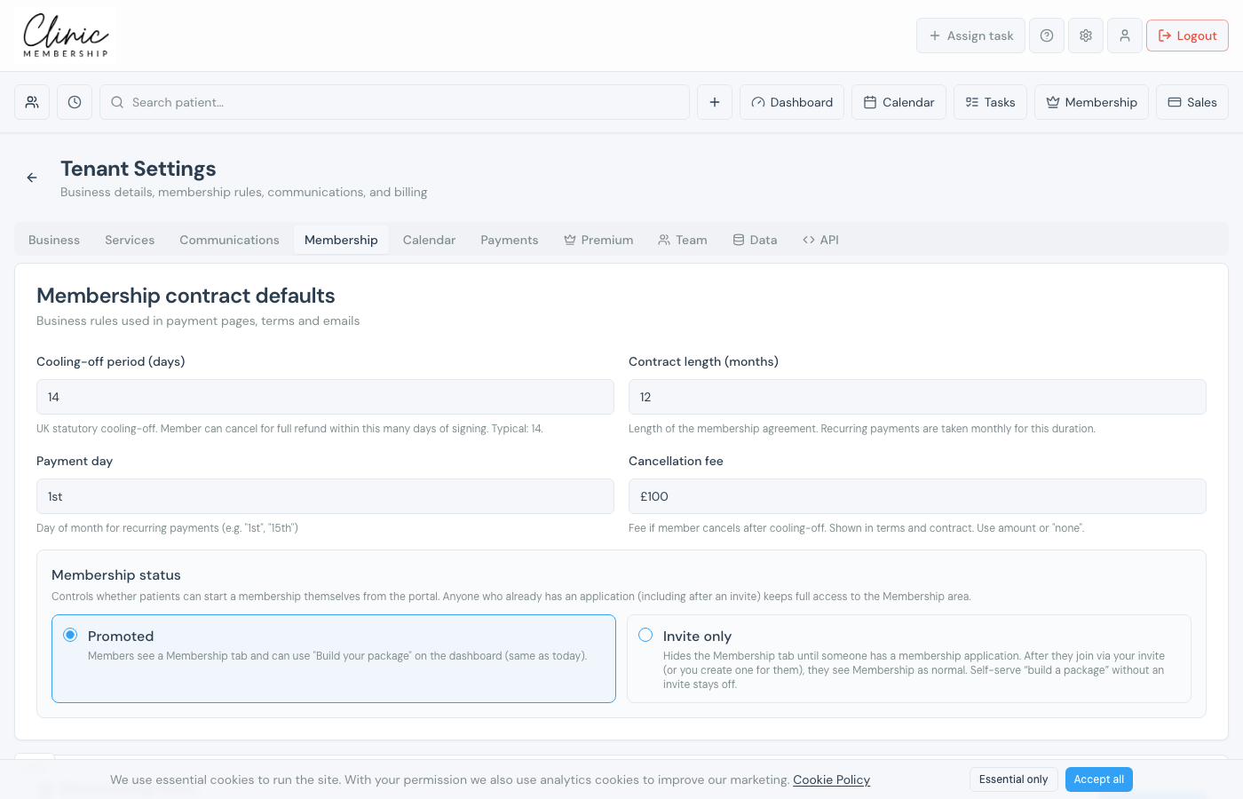 Membership contract defaults in settings