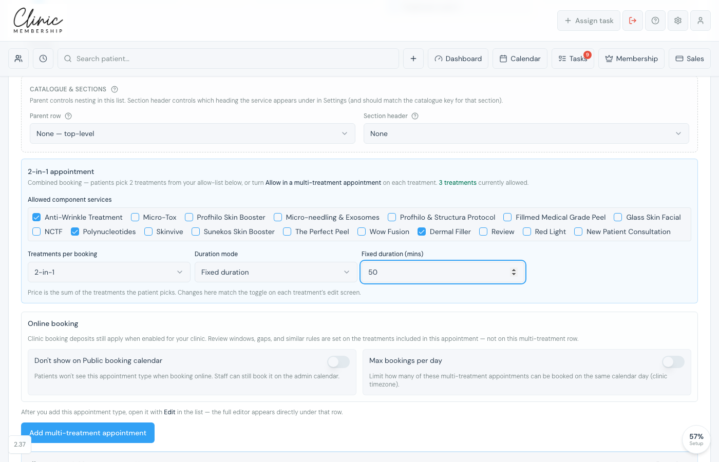 Add multi-treatment appointment form with allowed treatments, 2-in-1 settings, and online booking options