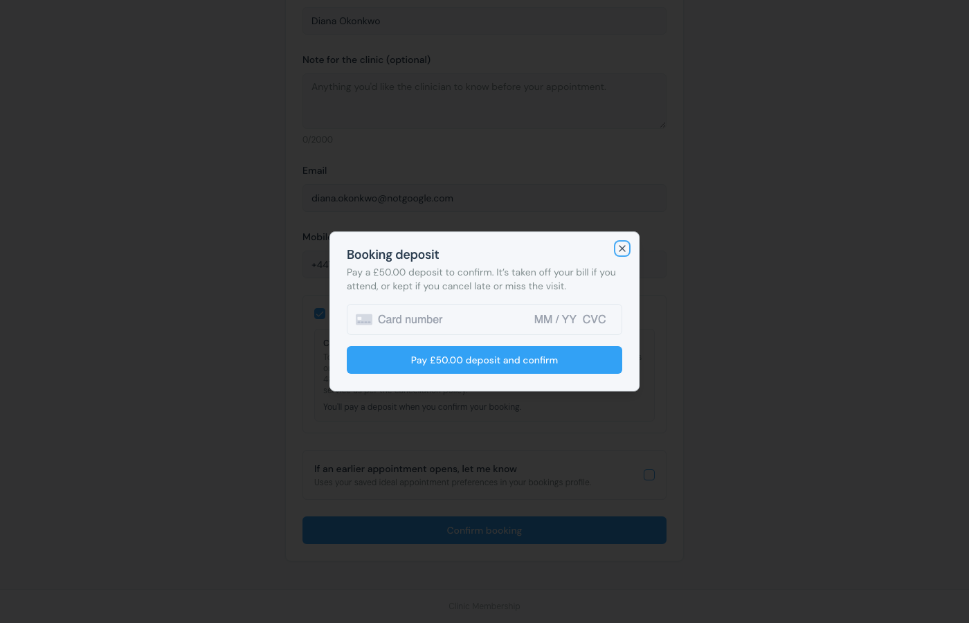 Online booking Booking deposit dialog with Pay deposit and confirm