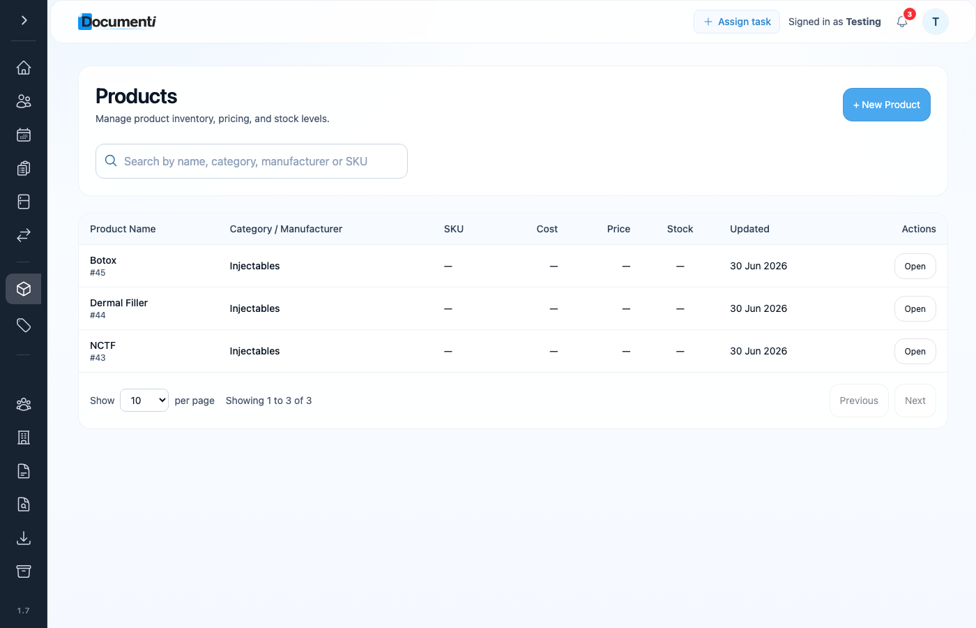 Documenti professional products list with New Product button