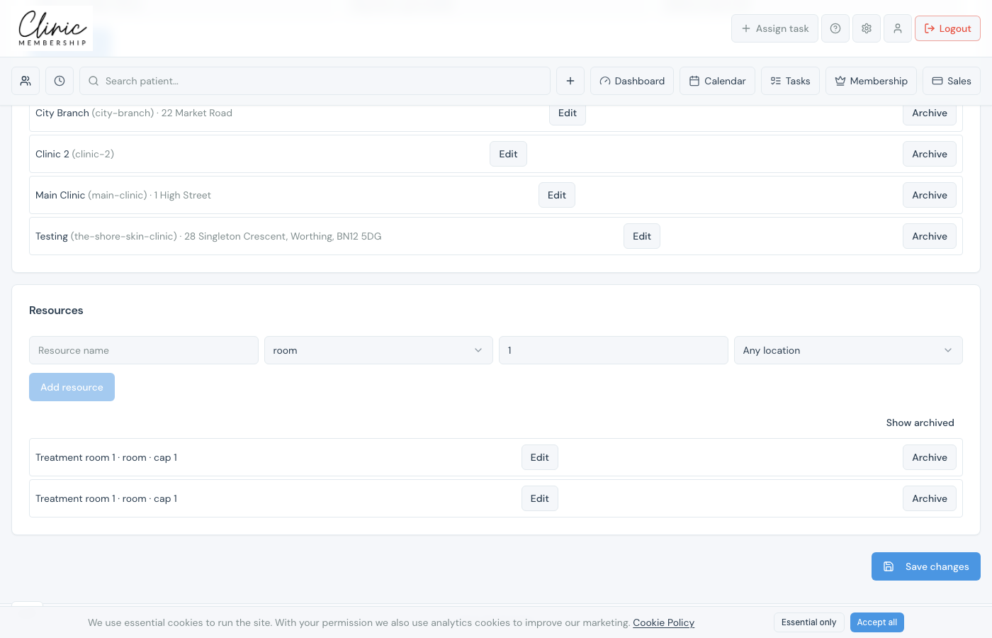 Resources section in Calendar settings with a treatment room listed