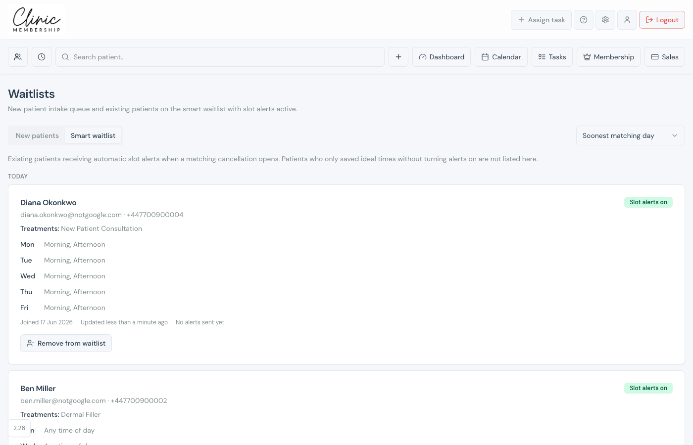 Waitlists admin page with Smart waitlist tab selected