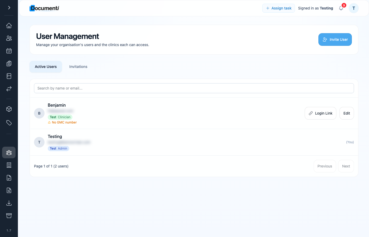 Documenti users list with practitioner accounts