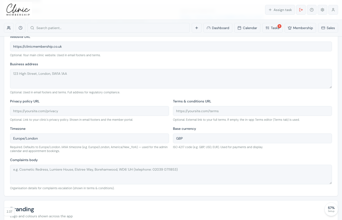 Business settings timezone field set to Europe/London