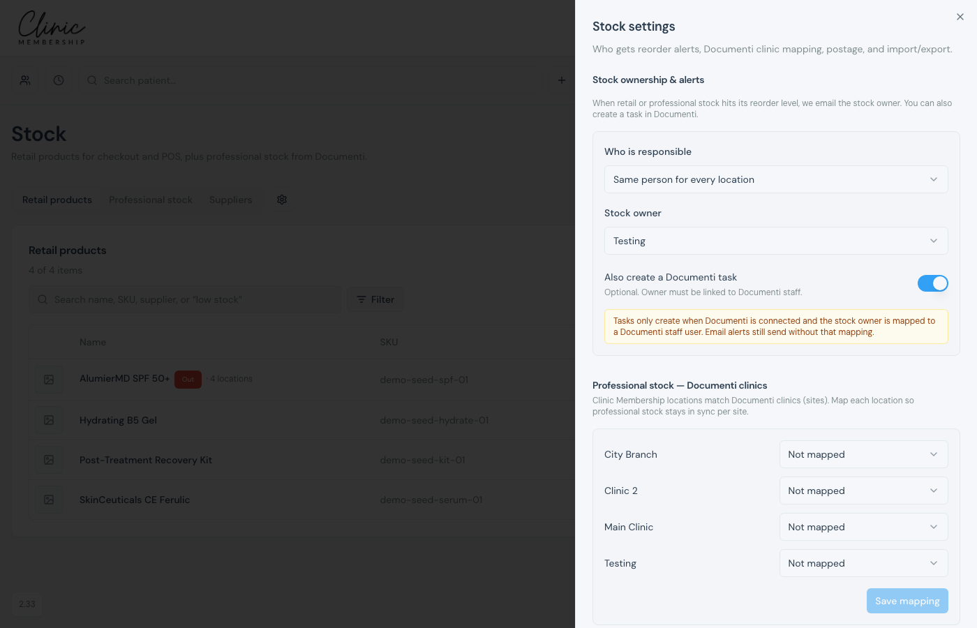 Stock settings sheet with ownership, Documenti task toggle, and location mapping