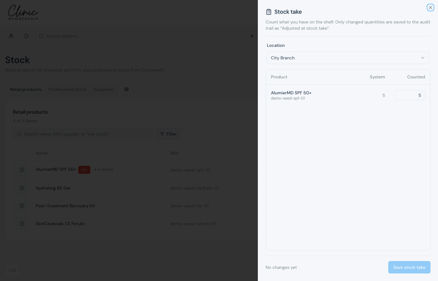 Stock take sheet with location picker and counted quantities