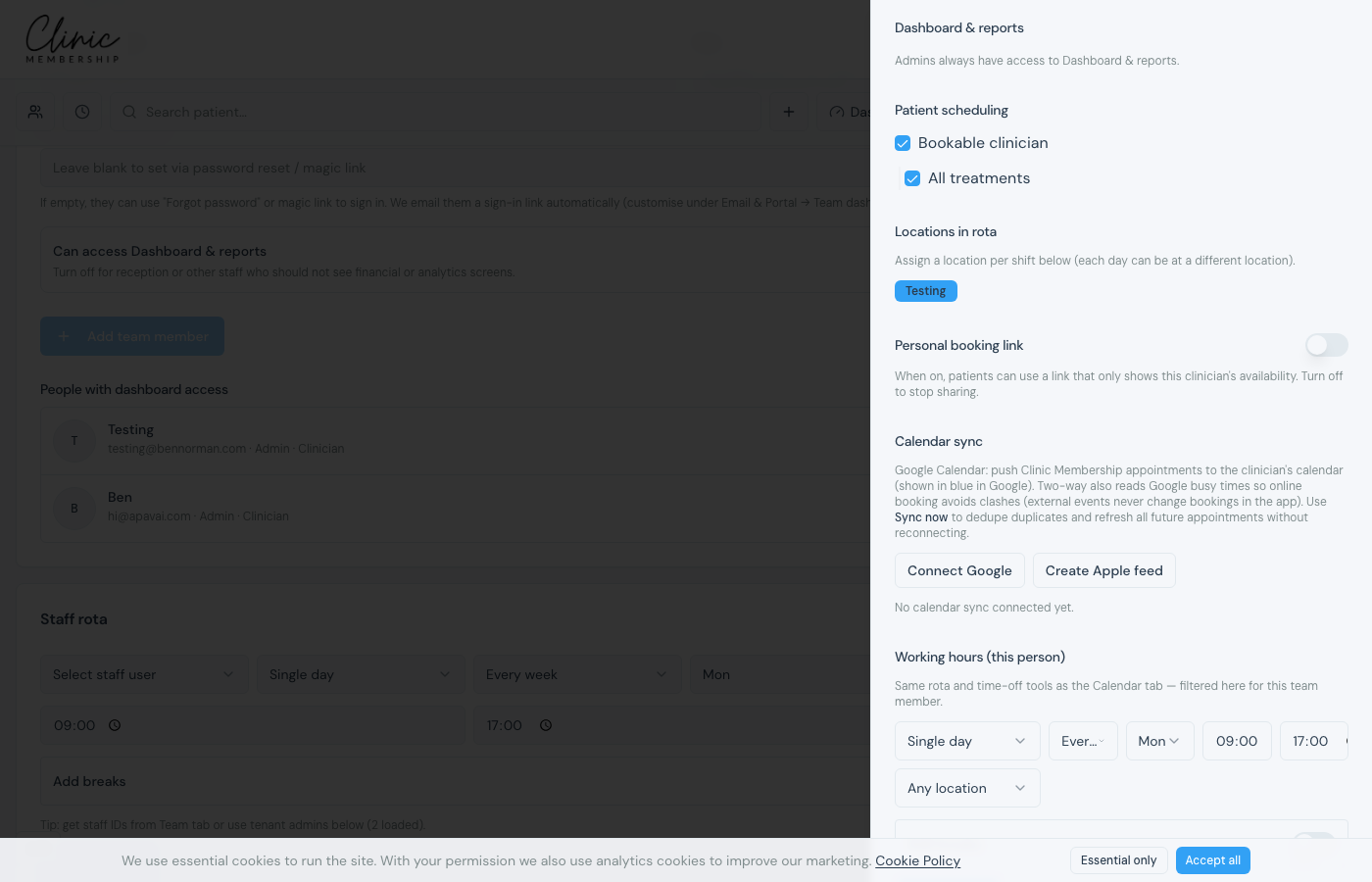 Calendar sync section on a team member panel