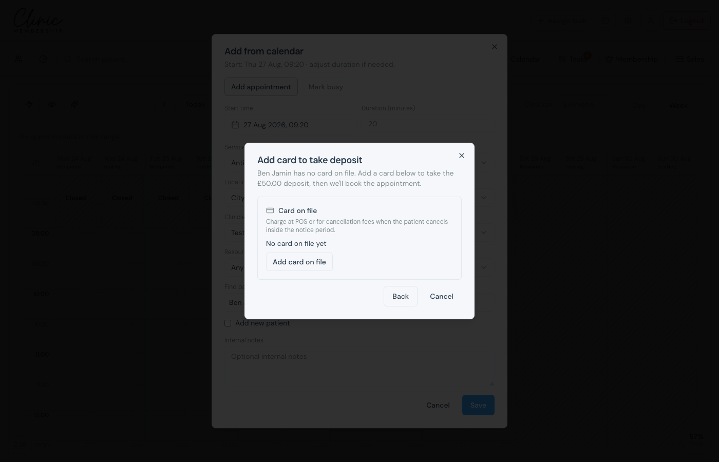 Add card to take deposit form on the calendar booking flow