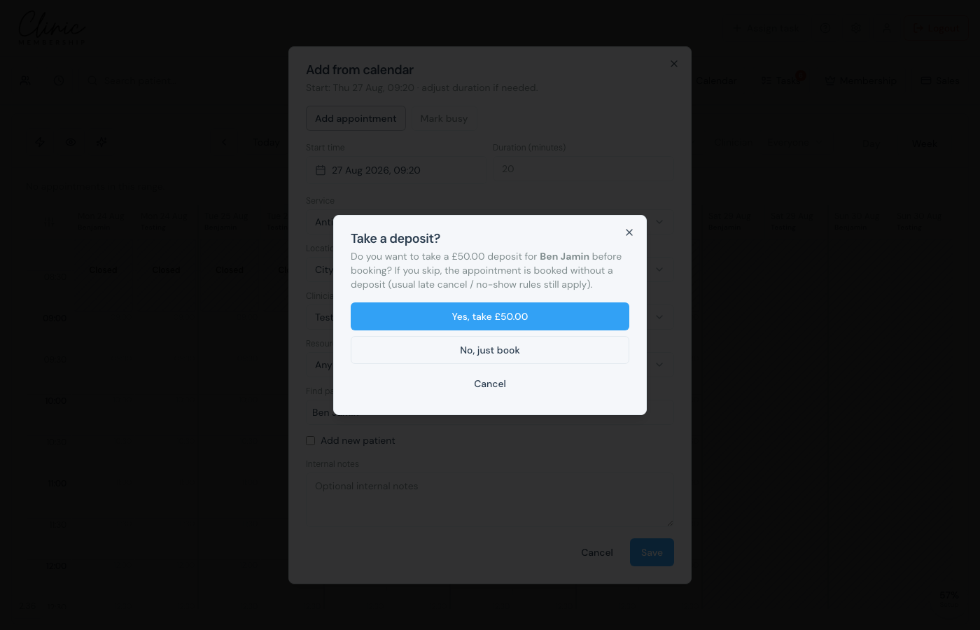 Take a deposit dialog after saving a calendar appointment