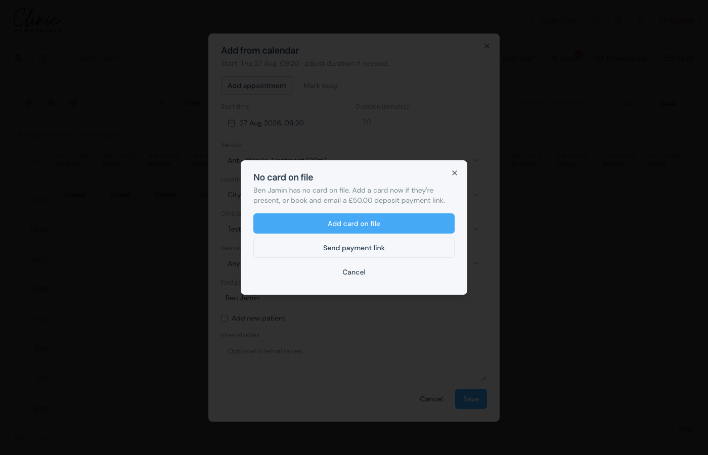 No card on file dialog with Add card on file and Send payment link