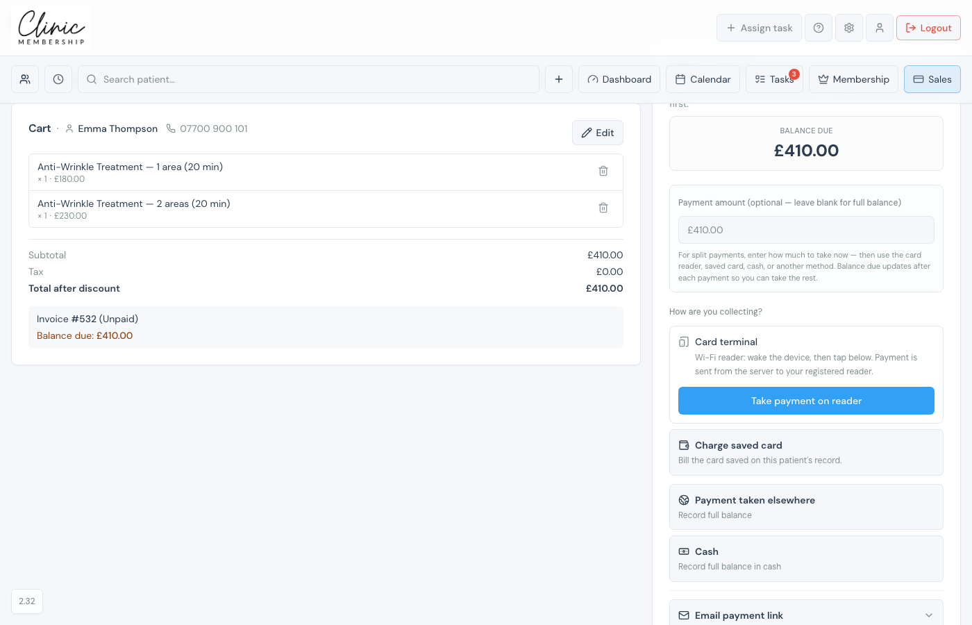 POS cart with invoice created and Collect payment options — card terminal first, then saved card, elsewhere, cash, and email link