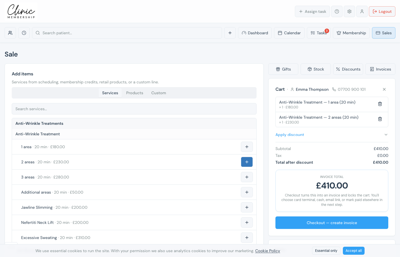POS checkout with patient selected, treatments in the cart, and invoice total