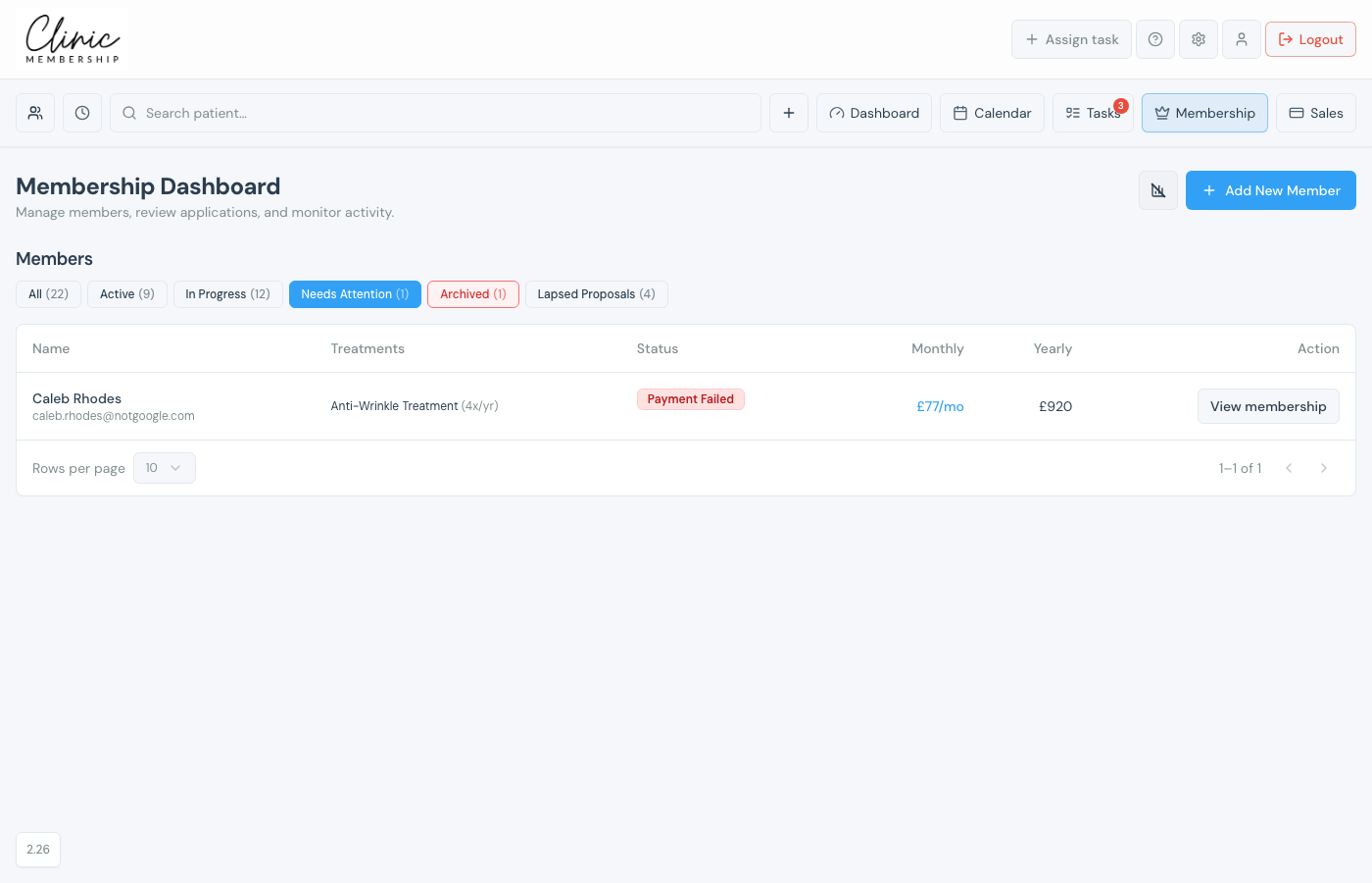 Membership dashboard with Needs Attention filter showing a member with payment failed status