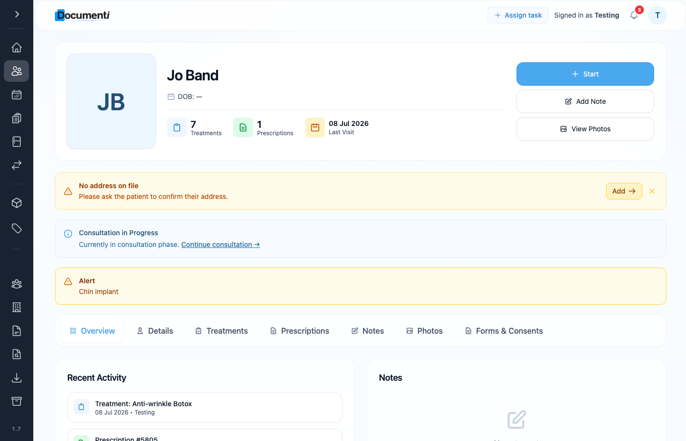 Documenti patient overview for Jo Band with Start button and consultation in progress banner