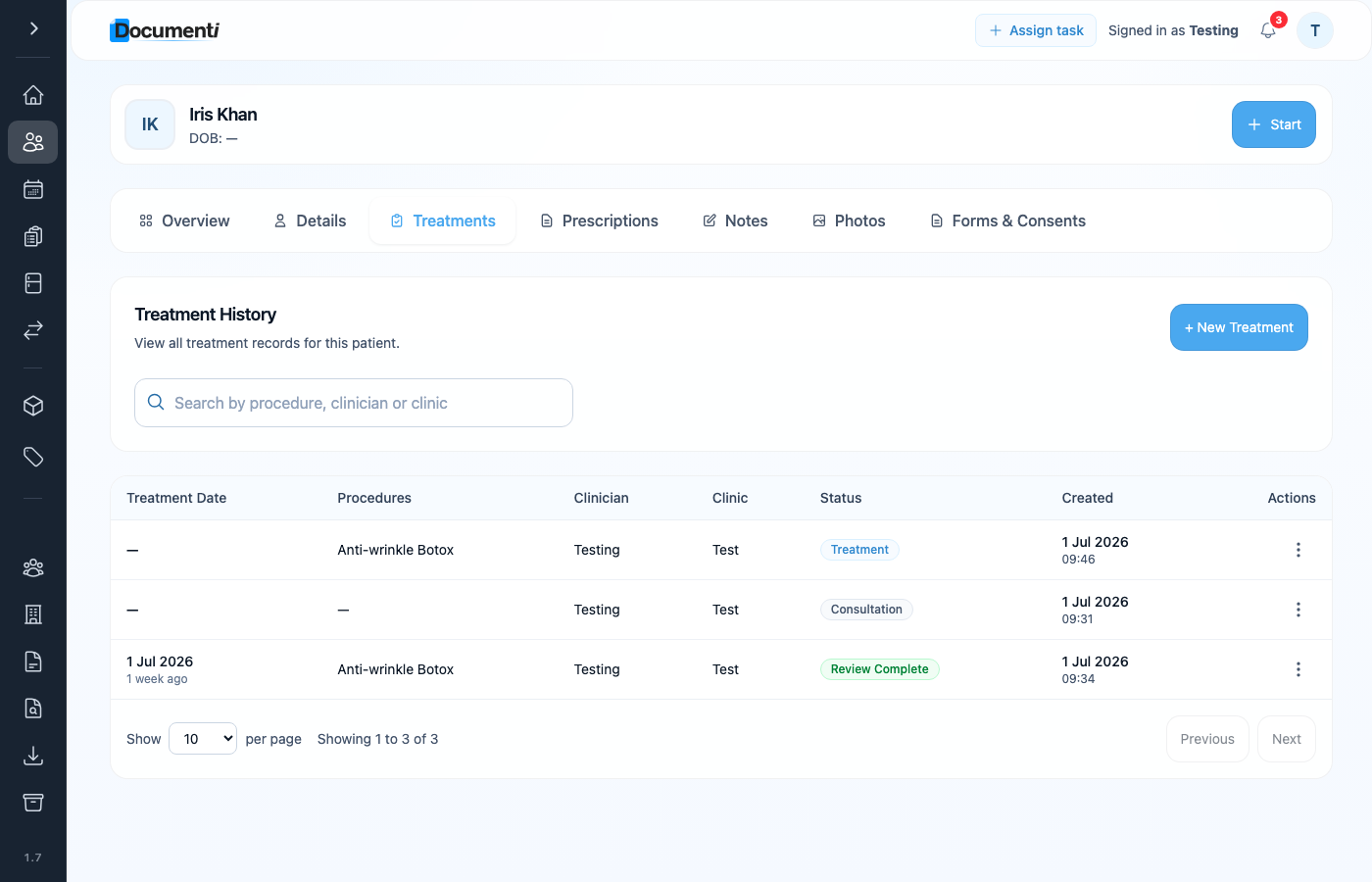 Documenti treatment history table with Consultation, Treatment, and Review Complete statuses