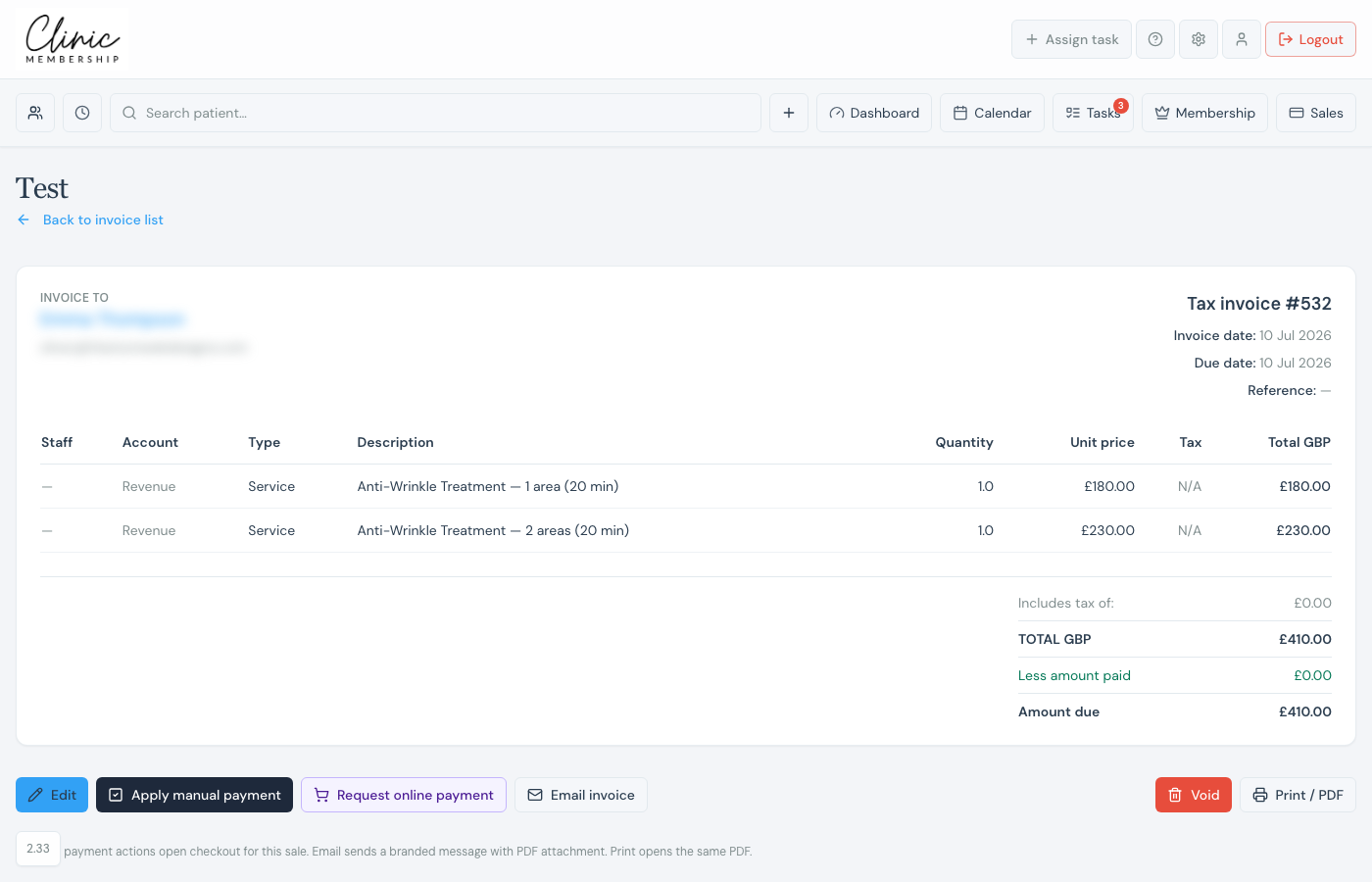 Invoice detail with Edit, payment, Email, Void, and Print buttons along the bottom