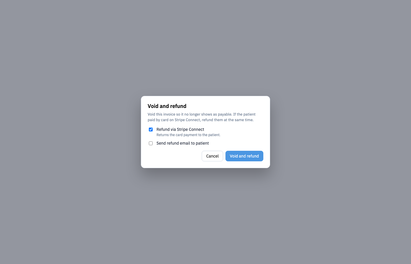 Void and refund dialog with Stripe Connect refund checkbox