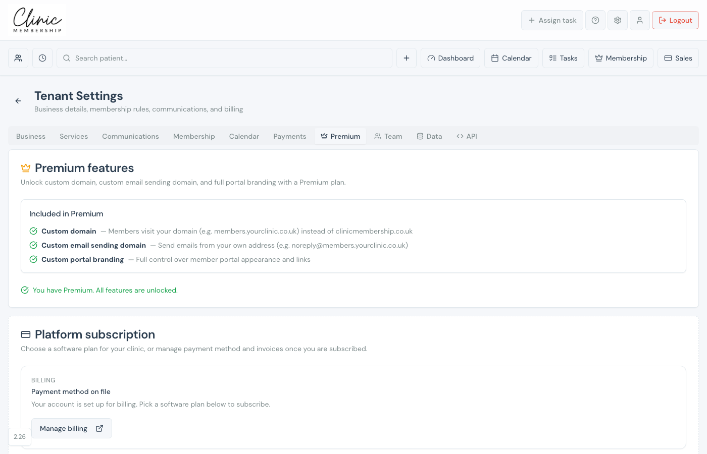 Premium tab showing platform subscription plan
